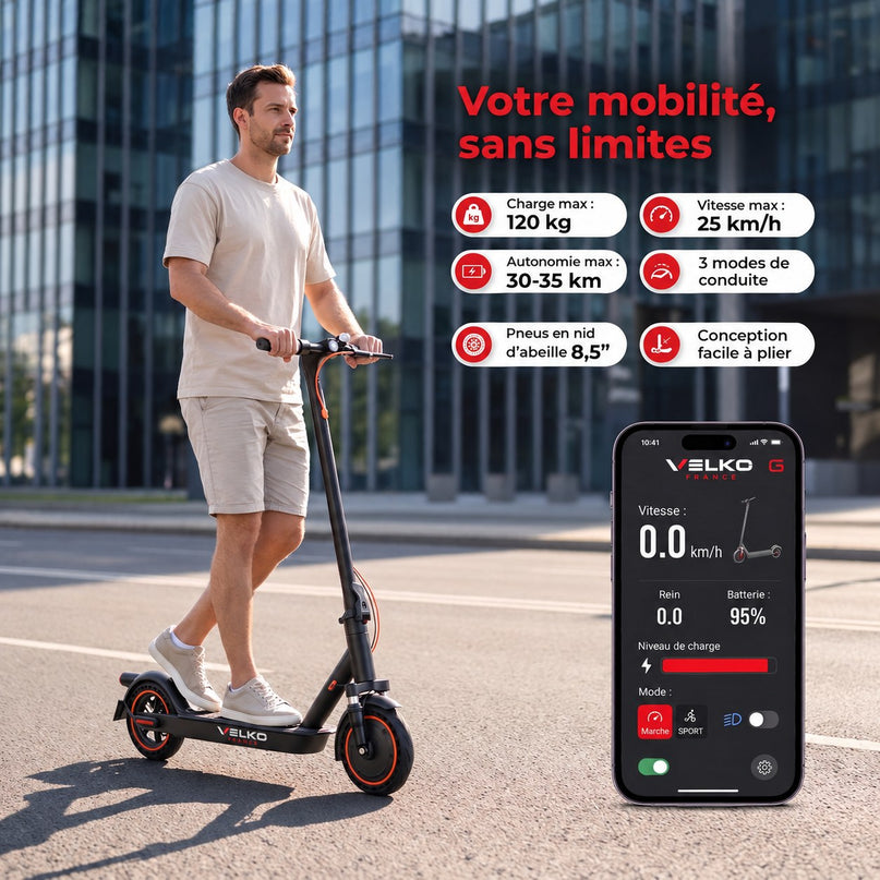 Trottinette Électrique VELKO Nova – 350 W (Pointe 650 W) – Autonomie 30-35 km – Batterie 36V 7,8 Ah – Pneus 8,5" Nid d'Abeille