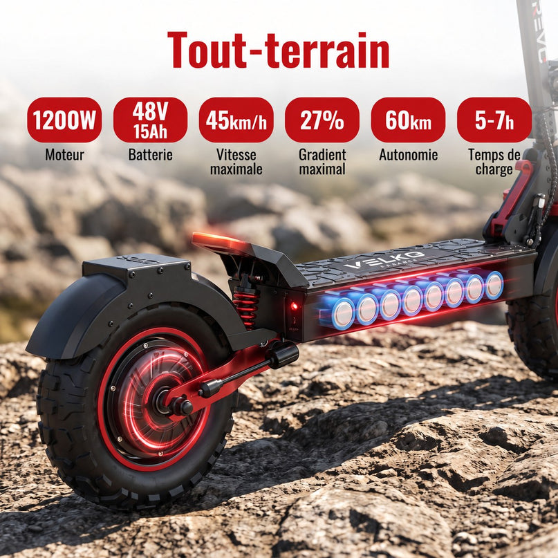 Trottinette Électrique VELKO Peak – 1000 W (pointe 1200 W) – Autonomie 55 km – Batterie 48V 15Ah – Pneus 11" Tout-Terrain