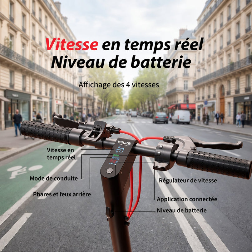 Trottinette Électrique VELKO Pulse – 750 W – Autonomie 45 km – Batterie 48 V 14 Ah – Pneus 9,3" – 4 Modes