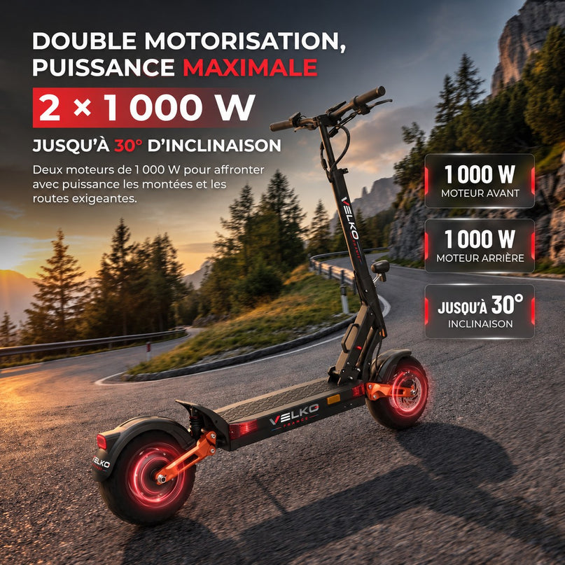 Trottinette Électrique VELKO Titan X2 – Double Moteur 2 × 1 000 W – Autonomie jusqu’à 75 km – Batterie 60 V 18 Ah – Pneus Tout-Terrain 10"