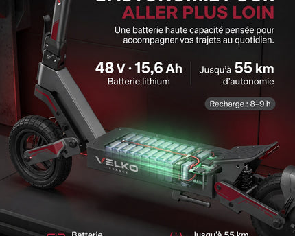 Trottinette Électrique VELKO Urban X – 800 W – Autonomie 55 km – Pneus 10" – Suspensions AV/AR