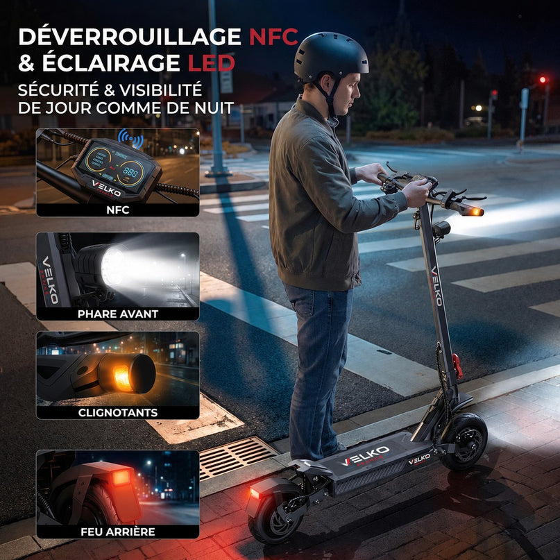 Trottinette Électrique VELKO Vector – 1100 W Max. – Autonomie 70 km – Batterie 48 V 13 Ah – Pneus 10" – Suspension & NFC