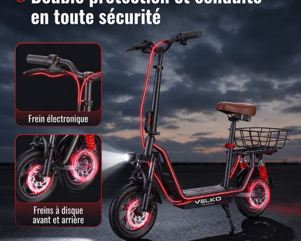 Trottinette Électrique VELKO Zenith – 500 W – Autonomie 35 km – Batterie 36V 7,5Ah – Pneus 12" – Avec Siège
