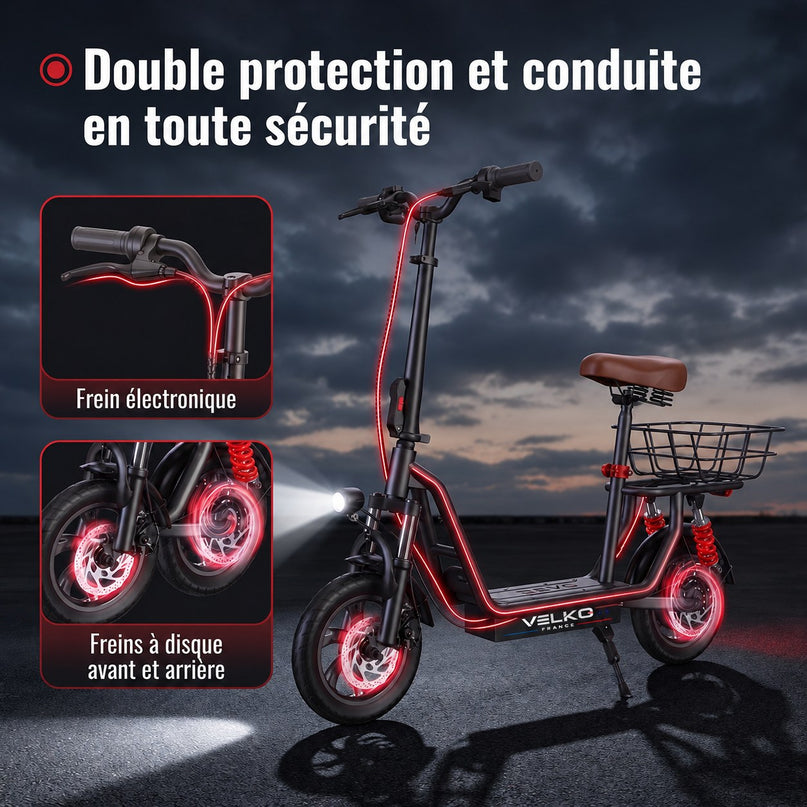 Trottinette Électrique VELKO Zenith – 500 W – Autonomie 35 km – Batterie 36V 7,5Ah – Pneus 12" – Avec Siège