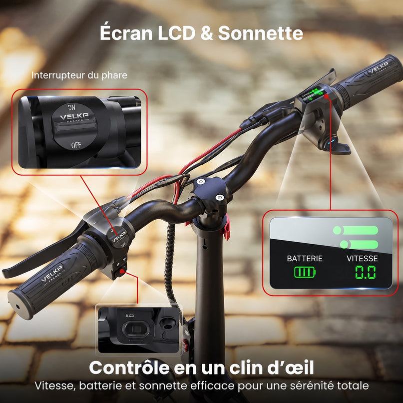 Trottinette Électrique VELKO Zenith – 500 W – Autonomie 35 km – Batterie 36V 7,5Ah – Pneus 12" – Avec Siège
