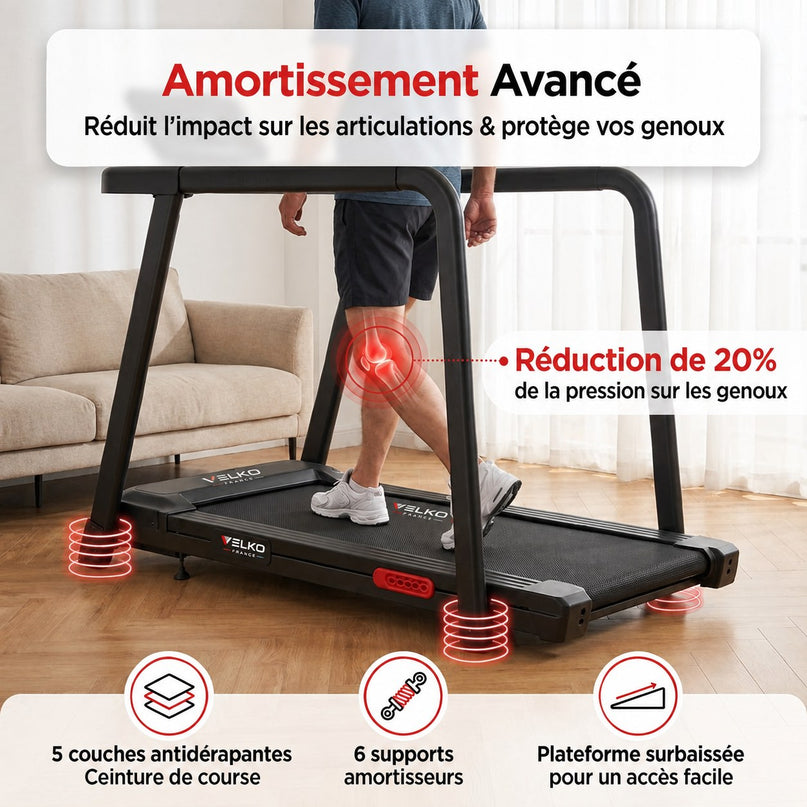 VELKO SafeWalk 3 – Tapis de Course Sécurisé 3,0 CV – 0,8 à 8,5 km/h – Mains Courantes & Suivi Cardiaque