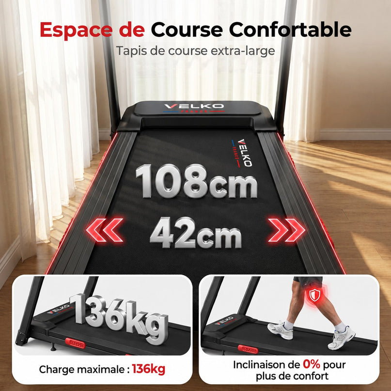 VELKO SafeWalk 3 – Tapis de Course Sécurisé 3,0 CV – 0,8 à 8,5 km/h – Mains Courantes & Suivi Cardiaque