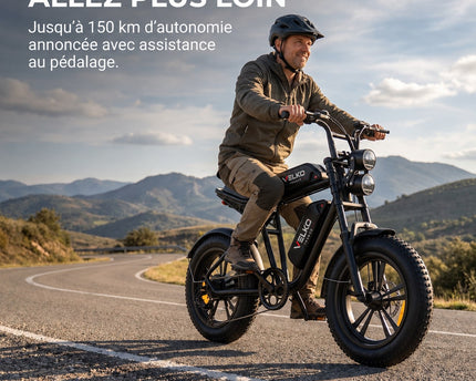 Vélo Électrique Fat Bike VELKO Canyon 150 – 250 W, Double Batterie 48 V 13 Ah, Autonomie jusqu’à 150 km, Pneus 20" × 4.0 & 7 Vitesses