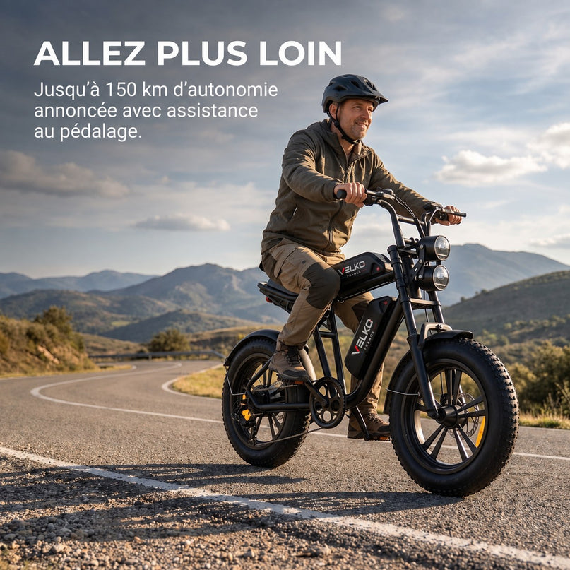 Vélo Électrique Fat Bike VELKO Canyon 150 – 250 W, Double Batterie 48 V 13 Ah, Autonomie jusqu’à 150 km, Pneus 20" × 4.0 & 7 Vitesses