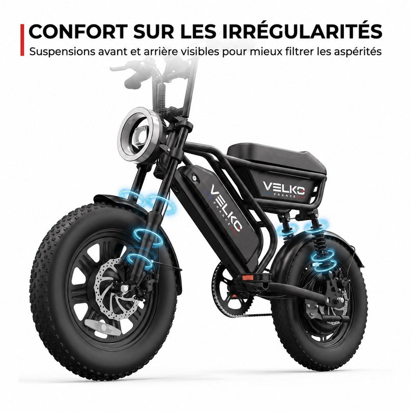 Vélo Électrique Fat Bike VELKO Drifter 16 – 250 W, Batterie Amovible 48 V 13 Ah, Pneus 16 × 3.0" & Suspensions