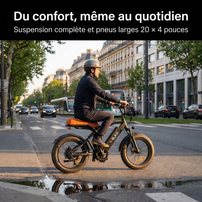 Vélo Électrique Fat Bike VELKO Outland 120 – Couple 120 N·m, Batterie Amovible 48 V, Pneus 20 × 4", Suspension Complète & 7 Vitesses