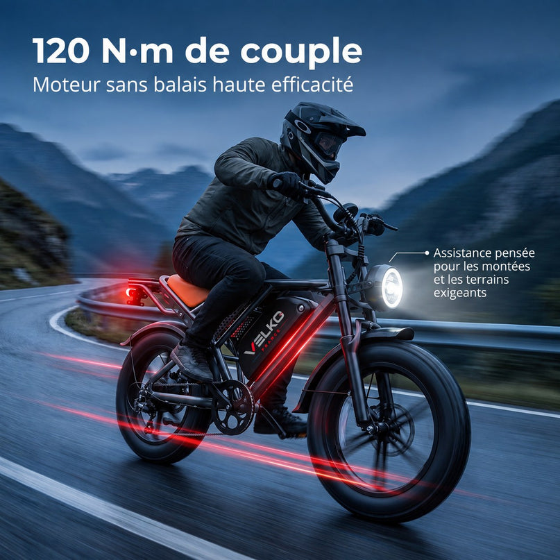 Vélo Électrique Fat Bike VELKO Outland 120 – Couple 120 N·m, Batterie Amovible 48 V, Pneus 20 × 4", Suspension Complète & 7 Vitesses