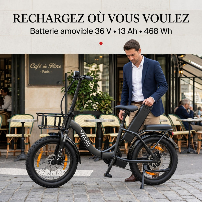 Vélo Électrique Pliable VELKO Cargo – 250 W – Autonomie jusqu’à 80 km – Batterie 468 Wh – Pneus Fat 20 × 3.0″
