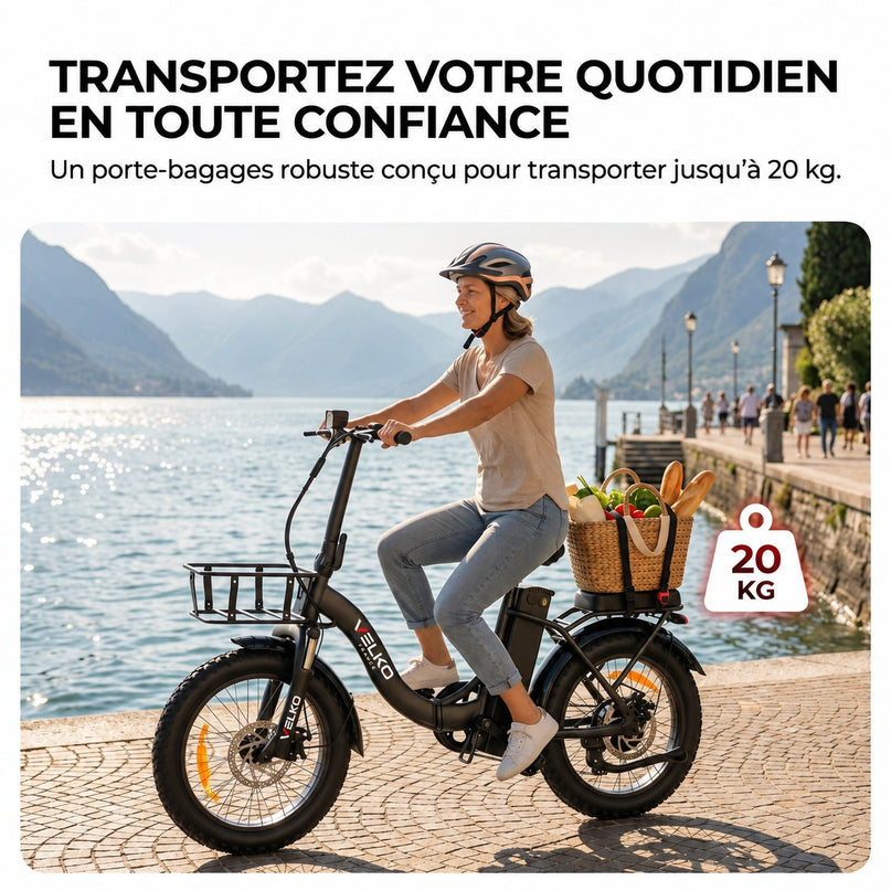 Vélo Électrique Pliable VELKO Cargo – 250 W – Autonomie jusqu’à 80 km – Batterie 468 Wh – Pneus Fat 20 × 3.0″