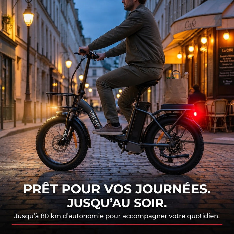 Vélo Électrique Pliable VELKO Cargo – 250 W – Autonomie jusqu’à 80 km – Batterie 468 Wh – Pneus Fat 20 × 3.0″