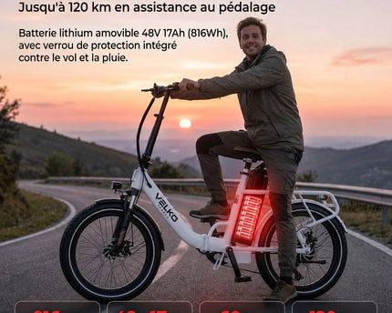 Vélo Électrique Pliable VELKO Flex – 250W – Batterie 48V 17Ah – Autonomie jusqu’à 120 km – Pneus 20″ x 3.0″