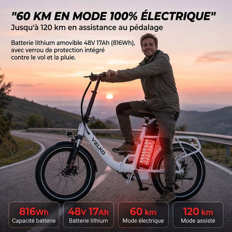 Vélo Électrique Pliable VELKO Flex – 250W – Batterie 48V 17Ah – Autonomie jusqu’à 120 km – Pneus 20″ x 3.0″