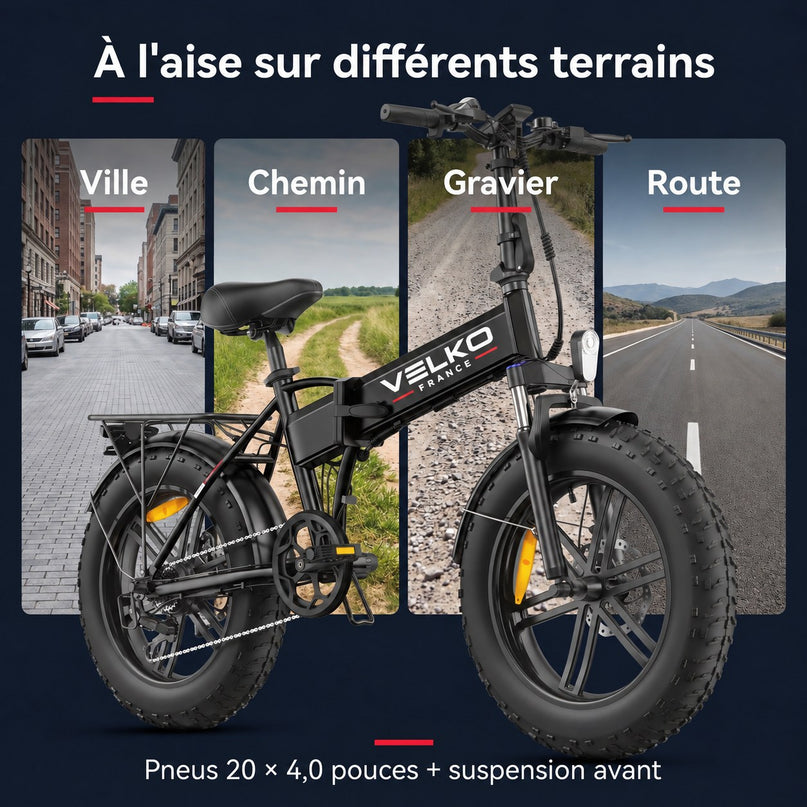 Vélo Électrique Pliable VELKO Rover 100 – 250 W, Batterie 48 V 13 Ah, Fat Bike 20" & Capteur de Couple
