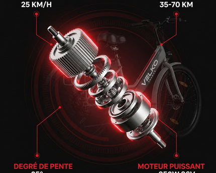 Vélo Électrique VELKO Avenue 26″ – Moteur 250W – Batterie Amovible 36V 8,4Ah – Autonomie jusqu’à 70 km – Freins à Disque