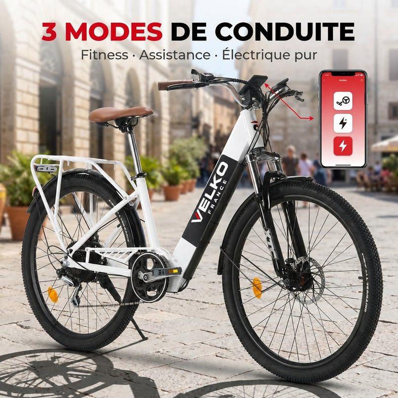 Vélo Électrique VELKO Citya – 250 W – Autonomie 80 km – Batterie 36 V 10 Ah – 26" – Panier & Porte-Bagages
