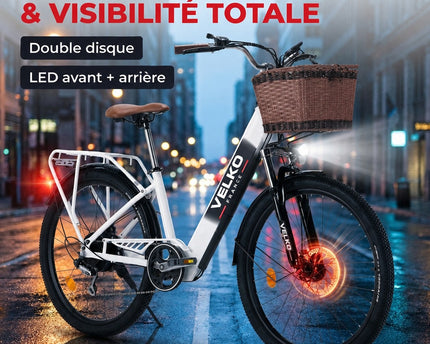 Vélo Électrique VELKO Citya – 250 W – Autonomie 80 km – Batterie 36 V 10 Ah – 26" – Panier & Porte-Bagages
