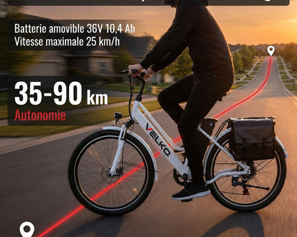 Vélo Électrique VELKO Nomad 26″ – Moteur 250W – Autonomie 35–90 km – Batterie Amovible 36V 10,4Ah – 7 Vitesses – Freins à Disque