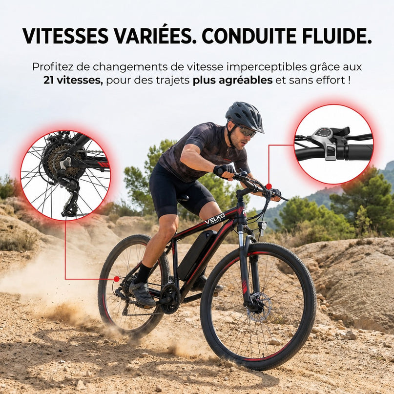 Vélo Électrique VTT VELKO Ridge 65 – 250 W – Autonomie jusqu’à 65 km – Batterie Amovible 13 Ah – 21 Vitesses – Pneus 26"**