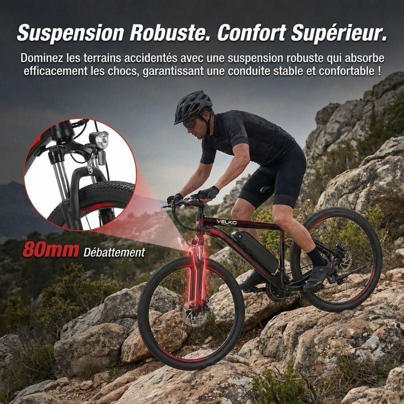 Vélo Électrique VTT VELKO Ridge 65 – 250 W – Autonomie jusqu’à 65 km – Batterie Amovible 13 Ah – 21 Vitesses – Pneus 26"**